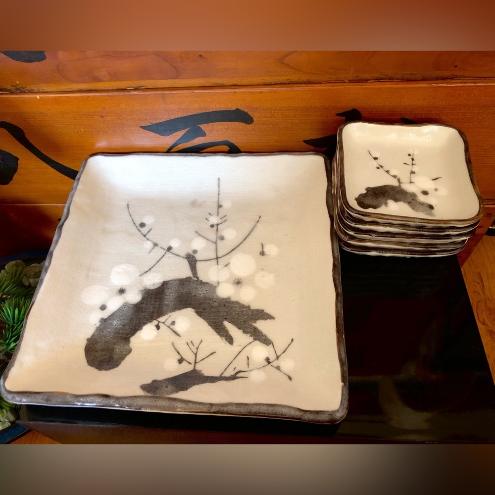 7 Pc Japanese Porcelain Square Dishes Tray Gray Cherry Blossom Sakura Sushi
